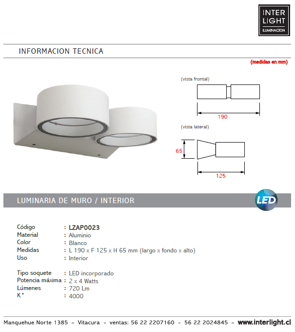 Apliqué aluminio blanco 19x65 cm LED 2luces 4W - LZAP0023