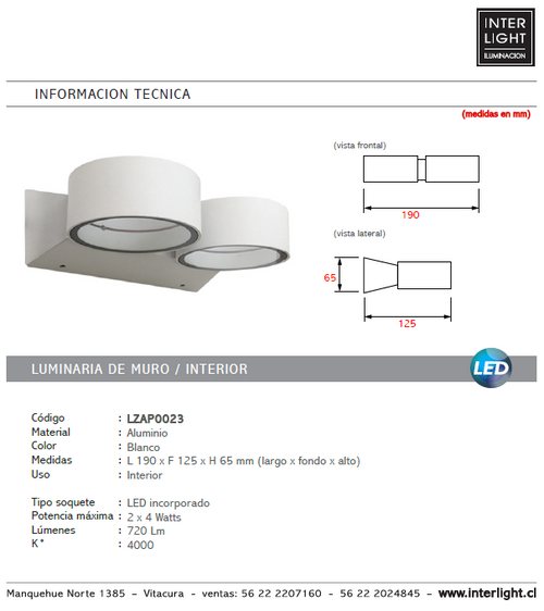 Apliqué aluminio blanco 19x65 cm LED 2luces 4W - LZAP0023