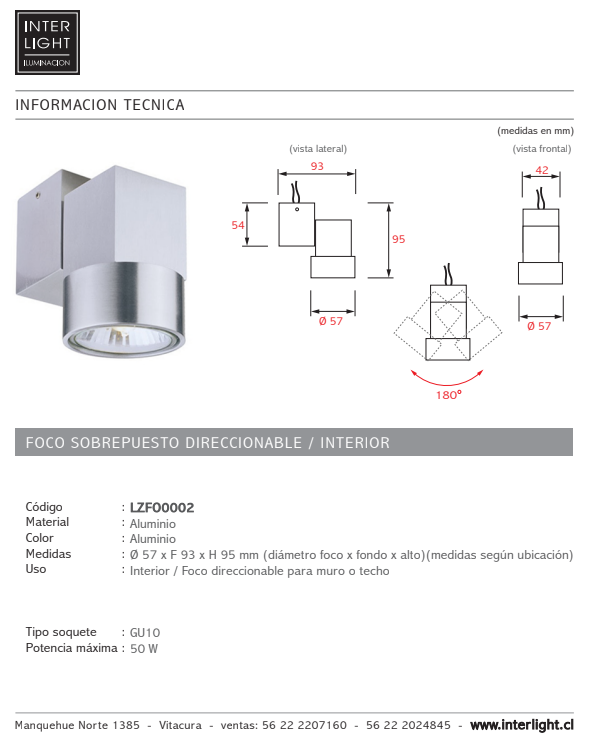 Foco sobrepuesto muro o techo aluminio Ø 5,7x9,5 cm GU10 - LZFO0002