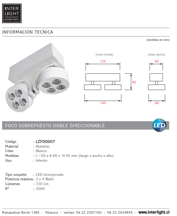 Foco sobrepuesto aluminio blanco direccionable 15x95 cm 2 luces LED 8W - LZFO0007