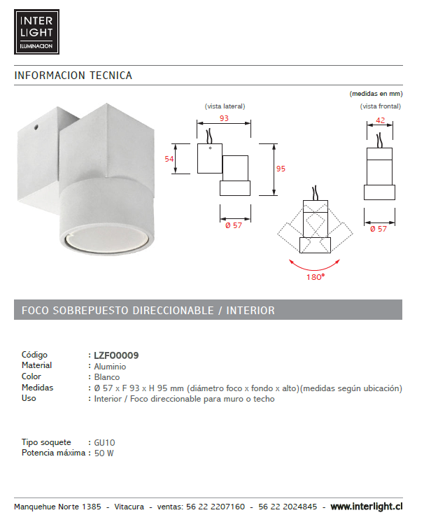 Foco sobrepuesto muro o techo blanco Ø 5,7x9,5 cm GU10 - LZFO0009