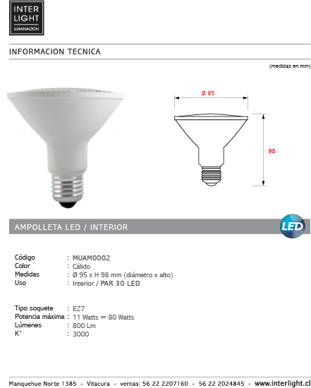 Ampolleta luz cálida LED 13W E27 par 30 - MUAM0002