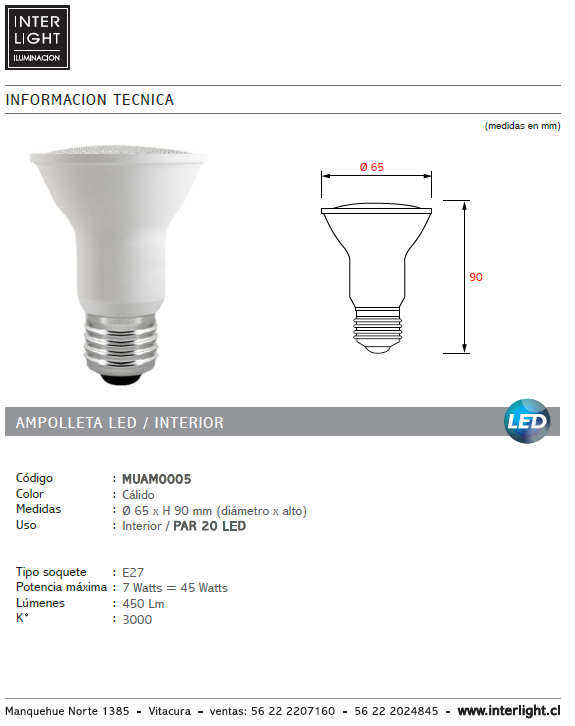 Ampolleta luz cálida LED 7W E27 par 20 - MUAM0005