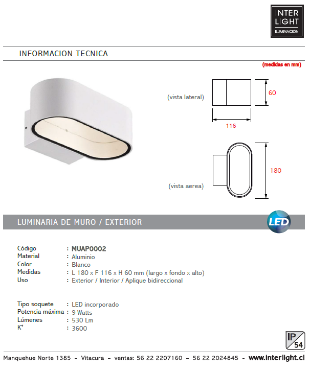 Apliqué aluminio vidrio blanco 18x6 cm LED 9W - MUAP0002
