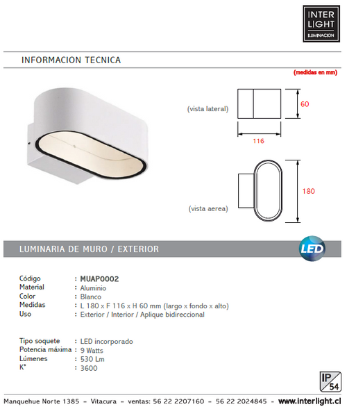 Apliqué aluminio vidrio blanco 18x6 cm LED 9W - MUAP0002