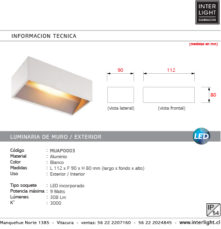 Apliqué aluminio blanco 11,2x9x8 cm LED 9W - MUAP0003