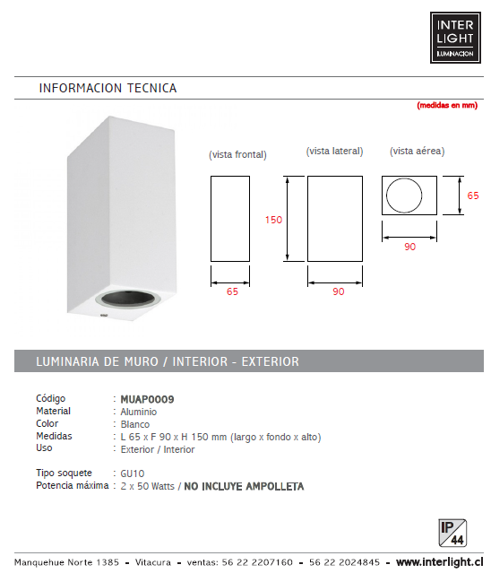 Apliqué bidireccional aluminio blanco exterior IP 44 6,5x15 cm 2 luces  GU10 - MUAP0009