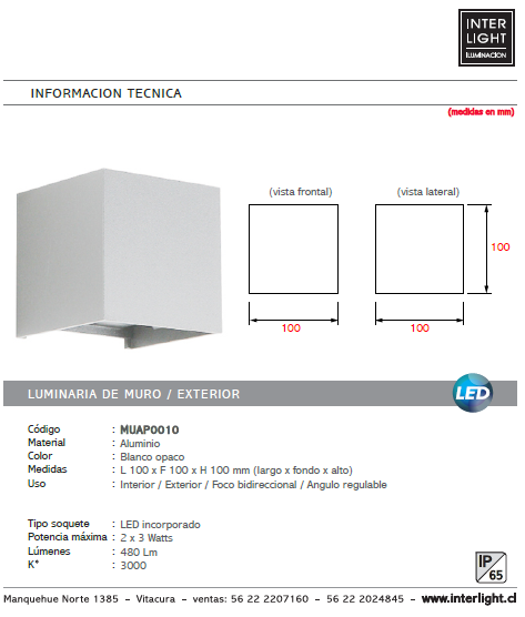 Apliqué bidireccional aluminio blanco opaco exterior IP 65 10x10 cm 2 luces  LED 6W - MUAP0010