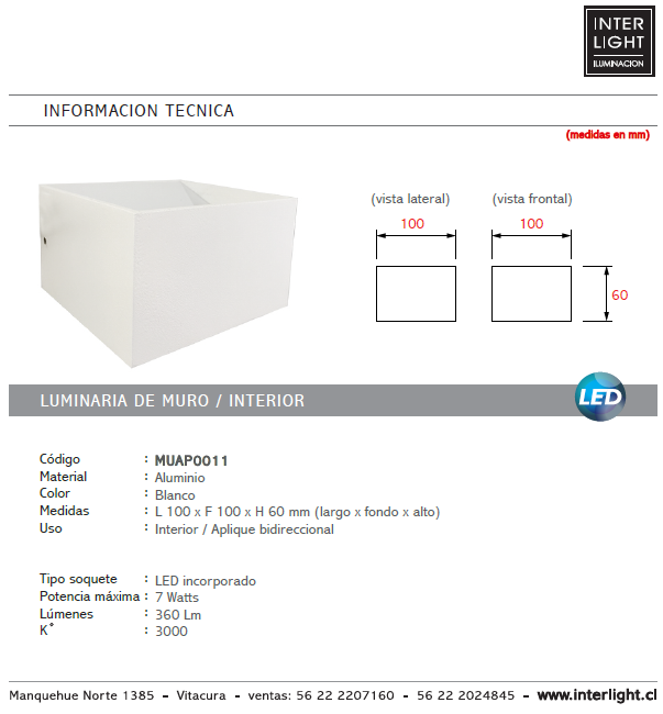 Apliqué aluminio blanco interior 10x6 cm LED 7W - MUAP0011