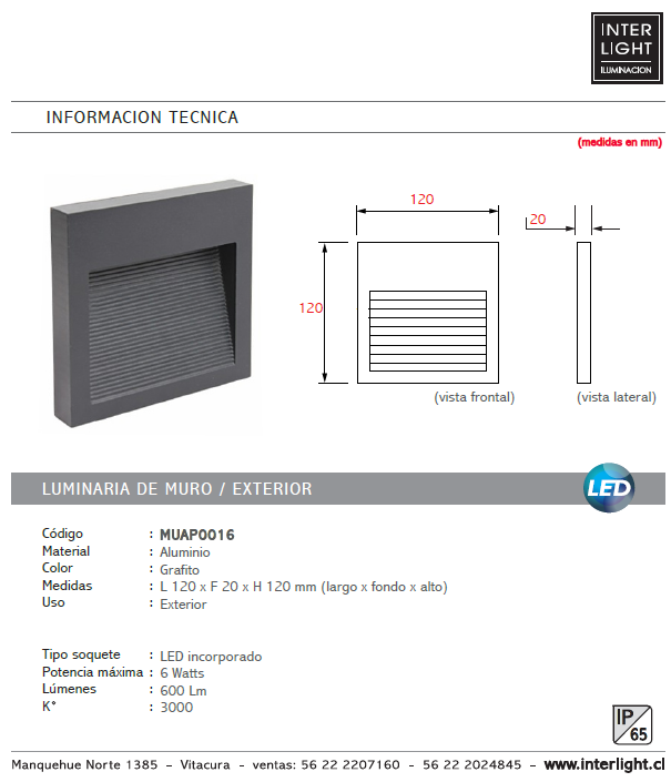 Apliqué aluminio grafito exterior IP 65 12x12 cm LED 6W - MUAP0016