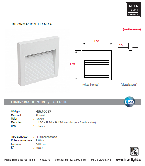 Apliqué aluminio blanco exterior IP 65 12x12 cm LED 6W - MUAP0017