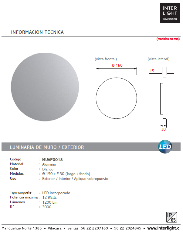 Apliqué aluminio blanco eclipse exterior IP 65 Ø 15 cm LED 12W - MUAP0018