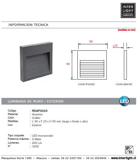 Apliqué aluminio grafito exterior IP 65 9x9 cm LED 3W - MUAP0020
