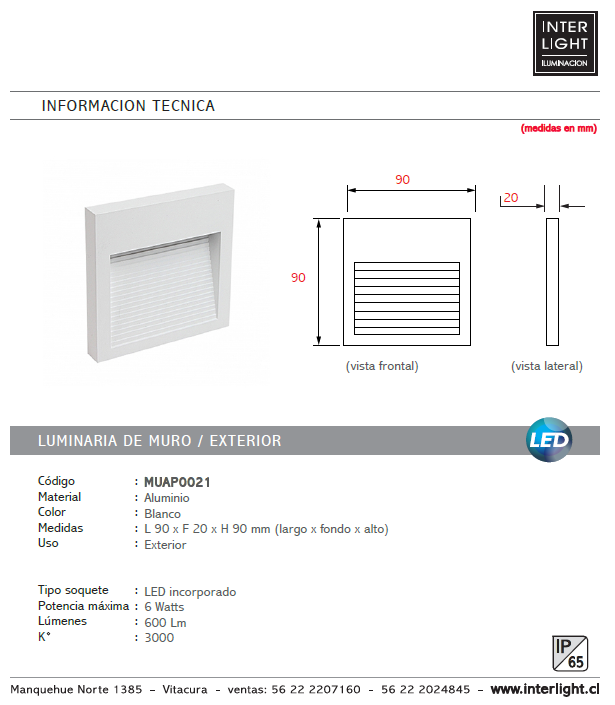Apliqué aluminio blanco exterior IP 65 9x9 cm LED 3W - MUAP0021