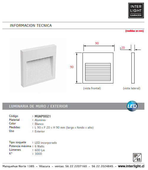 Apliqué aluminio blanco exterior IP 65 9x9 cm LED 3W - MUAP0021