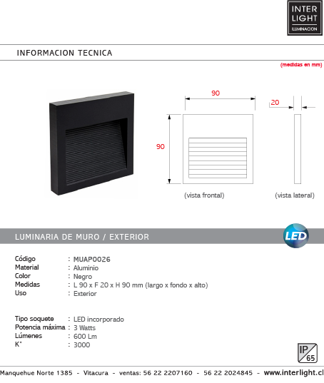 Apliqué aluminio negro exterior IP 65 9x9 cm LED 3W - MUAP0026