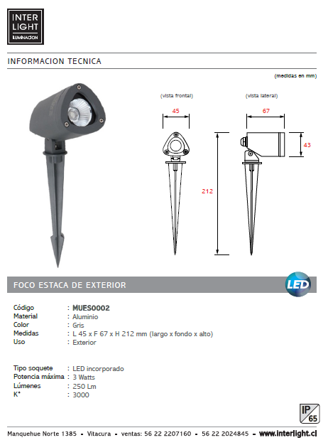 Estaca jardín aluminio gris IP65 4,5x21,2 cm LED 3W - MUES0002