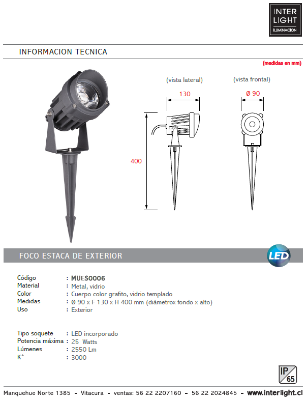 Estaca jardín plástico grafito Ø 9x40 cm LED 25W - MUES0006