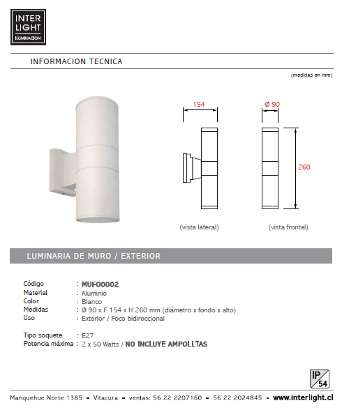 Foco metal blanco exterior / bidireccional  IP 54 Ø 9x26 cm 2 luces E27 - MUFO0002