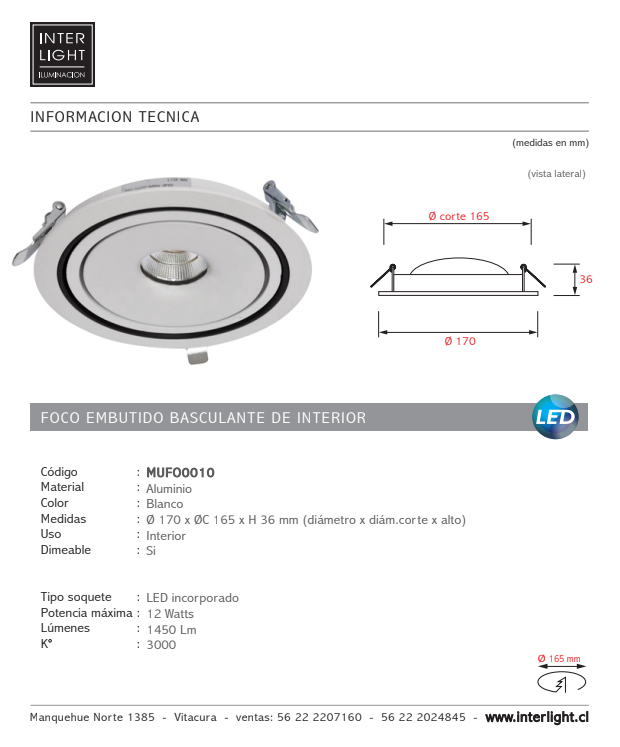 Foco aluminio embutido basculante corte Ø 16,5 cm LED 12W - MUFO0010