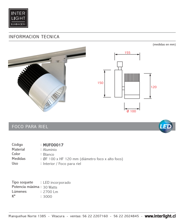 Foco riel aluminio blanco Ø 10x12 cm LED 30W - MUFO0017
