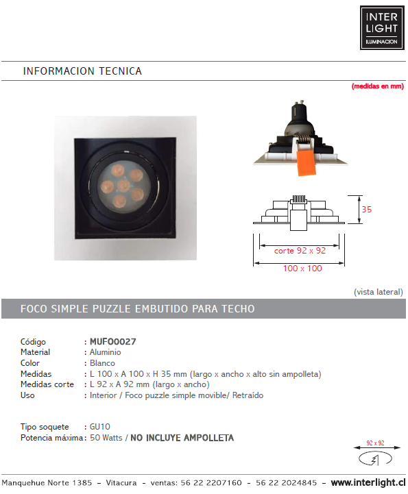 Foco embutido puzzle  blanco corte 9,2x9,2 cm GU10 - MUFO0027