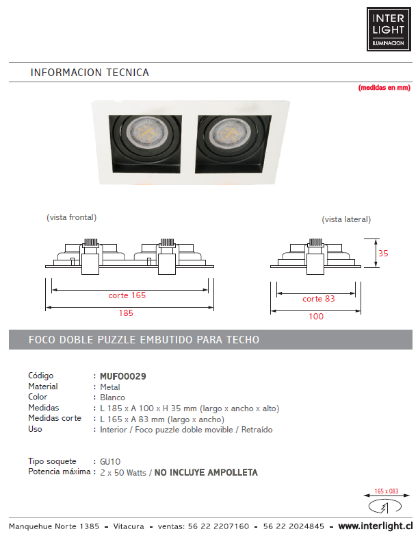 Foco embutido puzzle metal blanco corte 16,5x8,3 cm 2 luces GU10 - MUFO0029