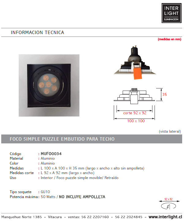Foco embutido puzzle aluminio corte 9,2x9,2 cm GU10 - MUFO0034