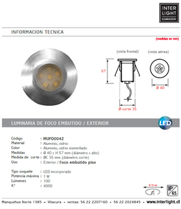 Foco embutido aluminio piso exterior IP65 corte Ø 3,5 cm LED 1 W - MUFO0042