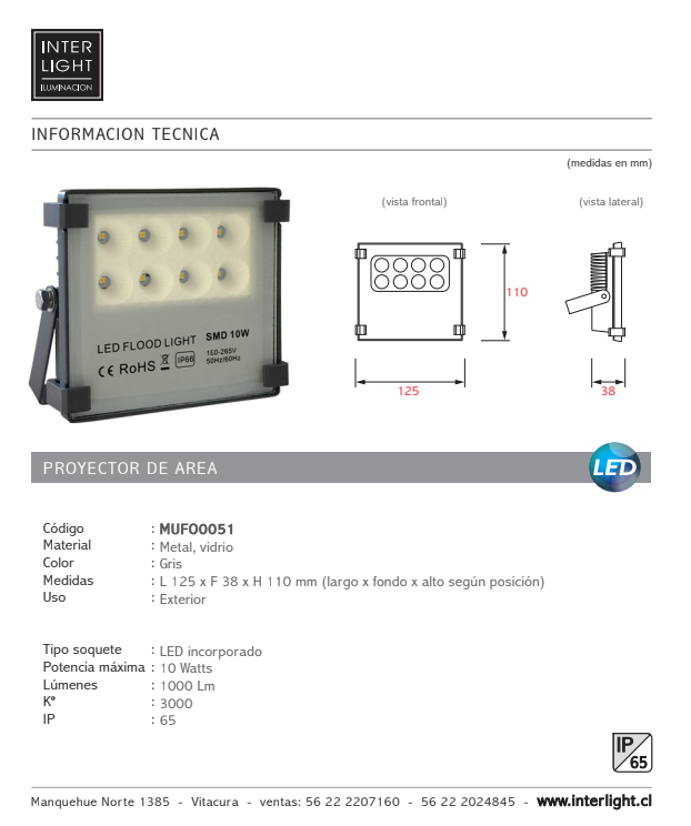 Proyector de área metal vidrio exterior IP65 12,5x11 cm LED 10 W - MUFO0051