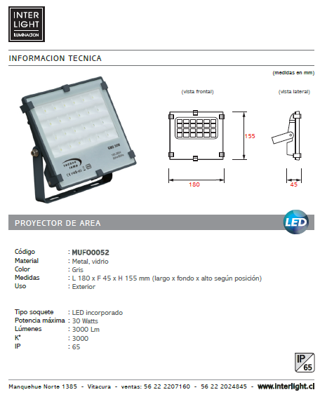 Proyector de área metal vidrio gris exterior IP65 18x15,5 cm LED 30W - MUFO0052