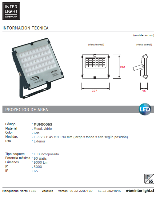 Proyector de área metal vidrio gris exterior IP65 22,7x19 cm LED 50W - MUFO0053
