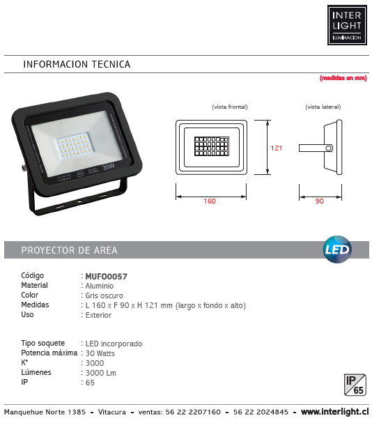 Proyector de área aluminio vidrio gris oscuro exterior IP65 16x12,1 cm LED 30W - MUFO0057