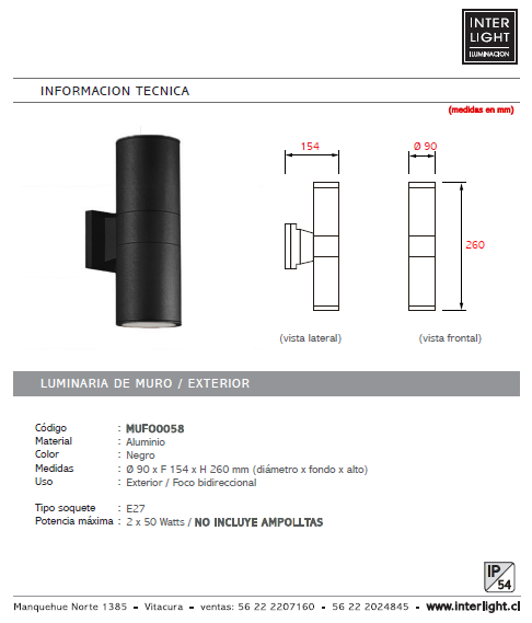 Foco metal negro exterior / bidireccional  IP 54 Ø 9x26 cm 2 luces E27 - MUFO0058