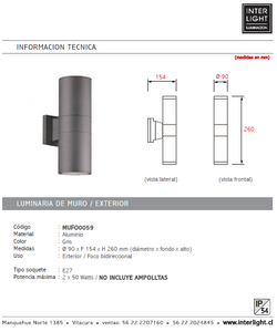 Foco metal gris exterior / bidireccional  IP 54 Ø 9x26 cm 2 luces E27 - MUFO0059