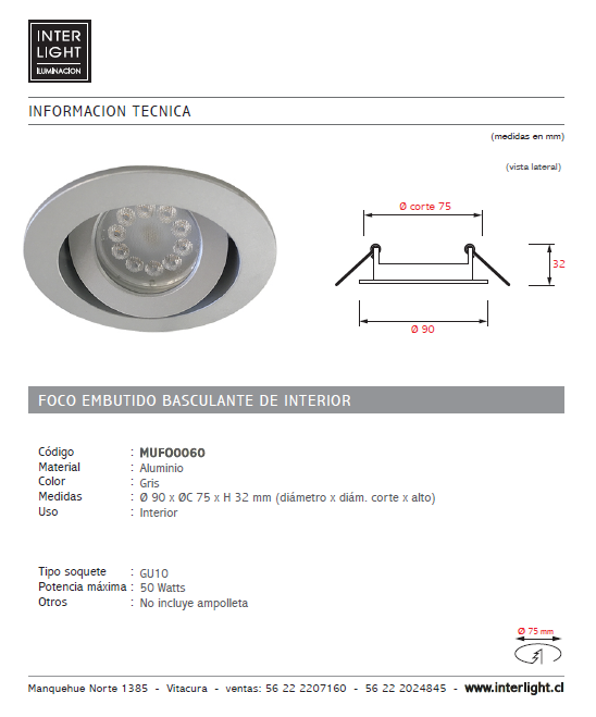 Foco embutido aluminio gris corte Ø 7,5 cm GU10 - MUFO0060