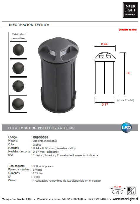Foco embutido grafito piso exterior IP65 corte Ø 3,7 cm LED 3W - MUFO0061