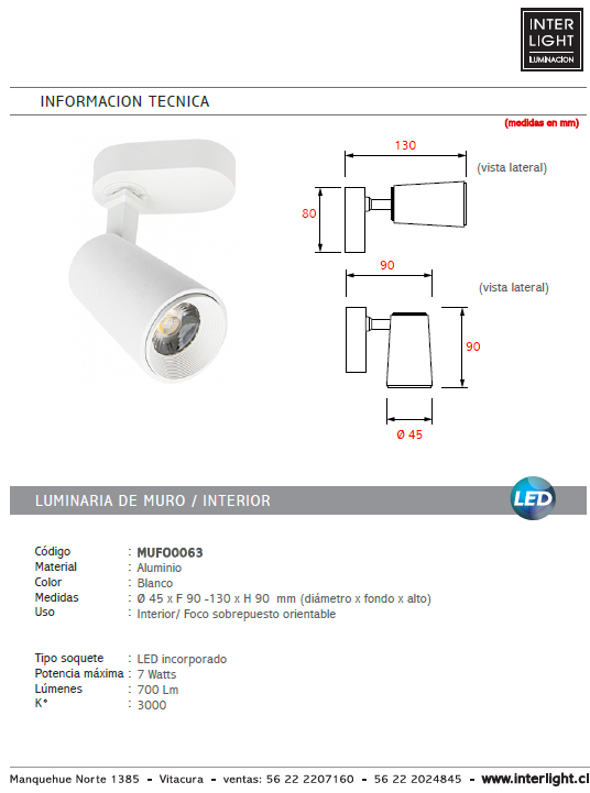 Foco metal blanco Ø 4,5x9 cm LED 7W - MUFO0063