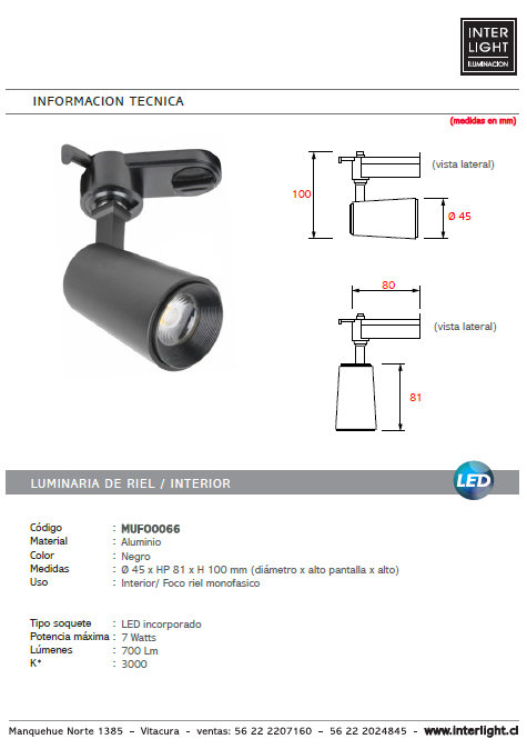 Foco riel metal negro Ø 4,5x10 cm LED 7W - MUFO0066