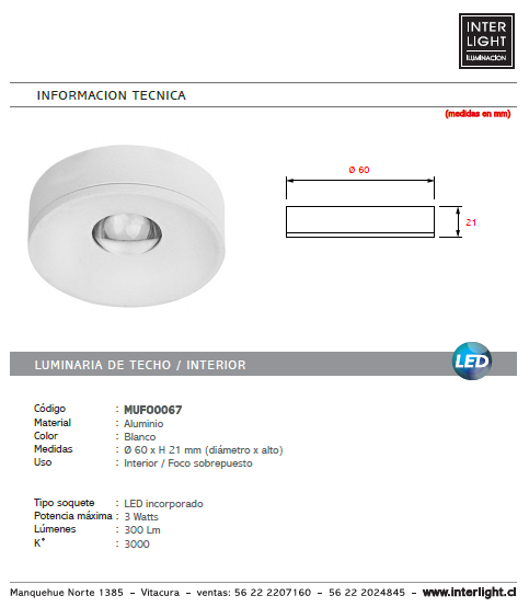 Foco sobrepuesto aluminio blanco Ø 6x2,1 cm LED 3W - MUFO0067