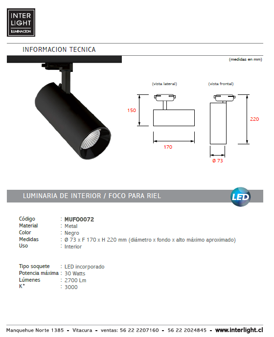 Foco riel metal negro Ø 7,3x22 cm LED 30W - MUFO0072