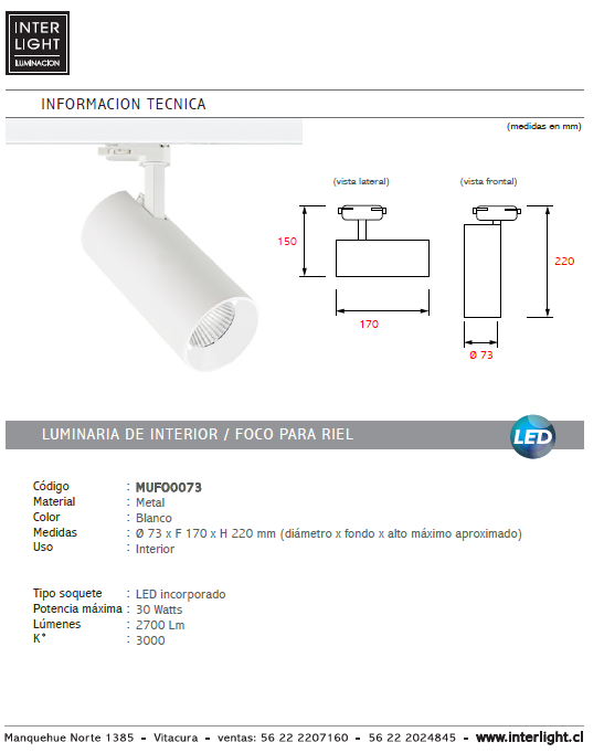 Foco riel metal blanco Ø 7,3x22 cm LED 30W - MUFO0073