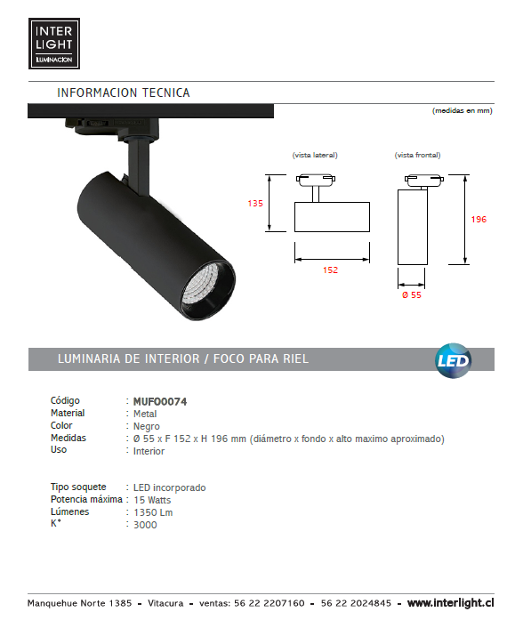 Foco riel metal negro Ø 5,5x19,6 cm LED 15W - MUFO0074