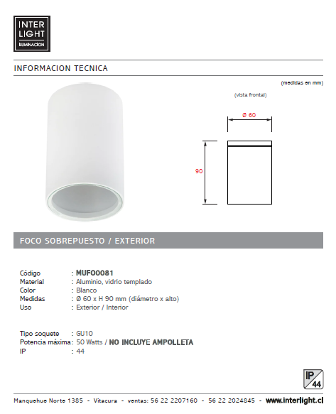 Foco metal vidrio templado blanco sobrepuesto IP44 Ø 6x9 cm GU10 - MUFO0081