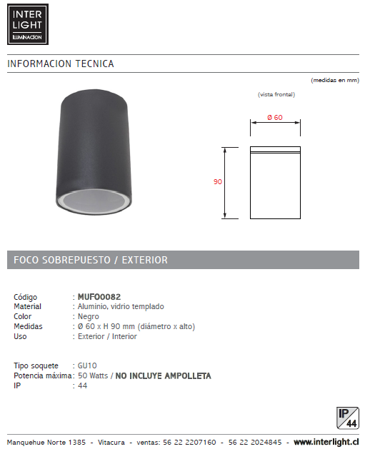 Foco metal vidrio templado negro sobrepuesto IP44 Ø 6x9 cm GU10 - MUFO0082