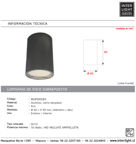 Foco metal vidrio templado gris sobrepuesto IP 44 Ø 6x9 cm GU10 - MUFO0083