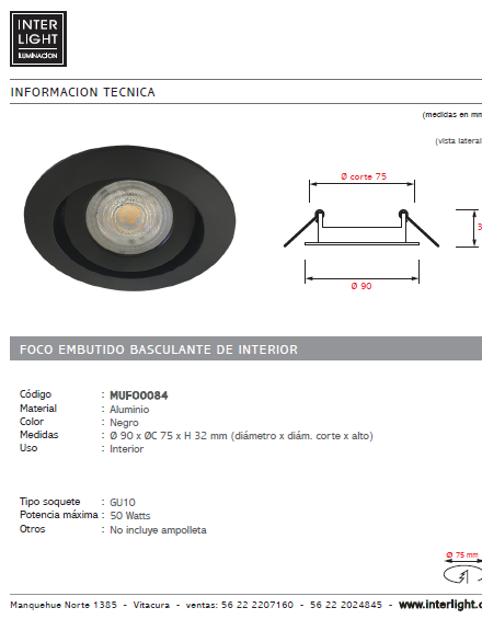 Foco embutido aluminio negro corte Ø 9 cm GU10 - MUFO0084