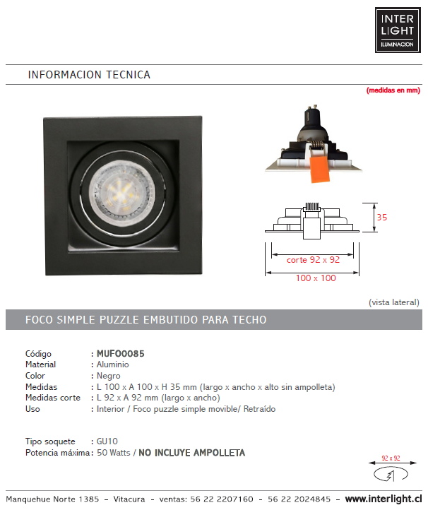 Foco embutido puzzle metal negro corte 10x10 cm GU10 - MUFO0085