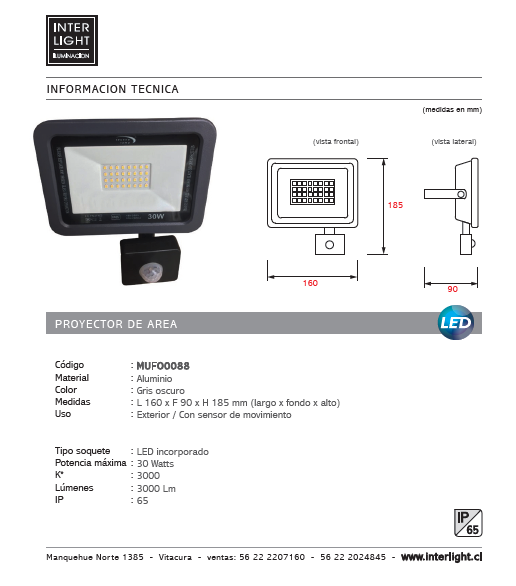 Proyector de área aluminio vidrio gris oscuro exterior sensor IP65  16x18,5 m  LED 30W - MUFO0088