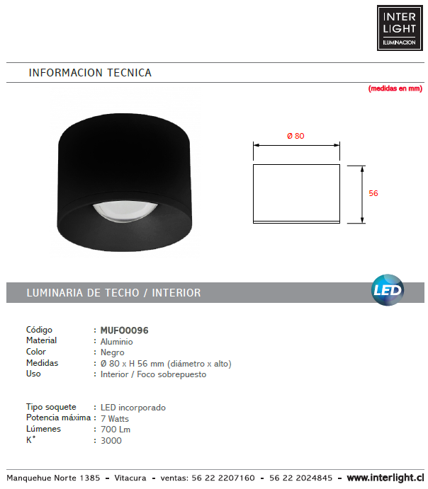 Foco metal negro sobrepuesto Ø 8x5.6 cm LED 7W - MUFO0096